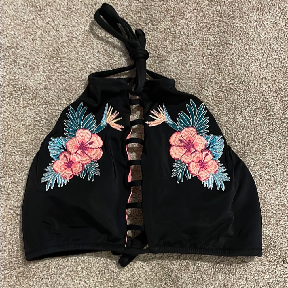 PINK Black Halter Bikini Top with Floral Embroidery